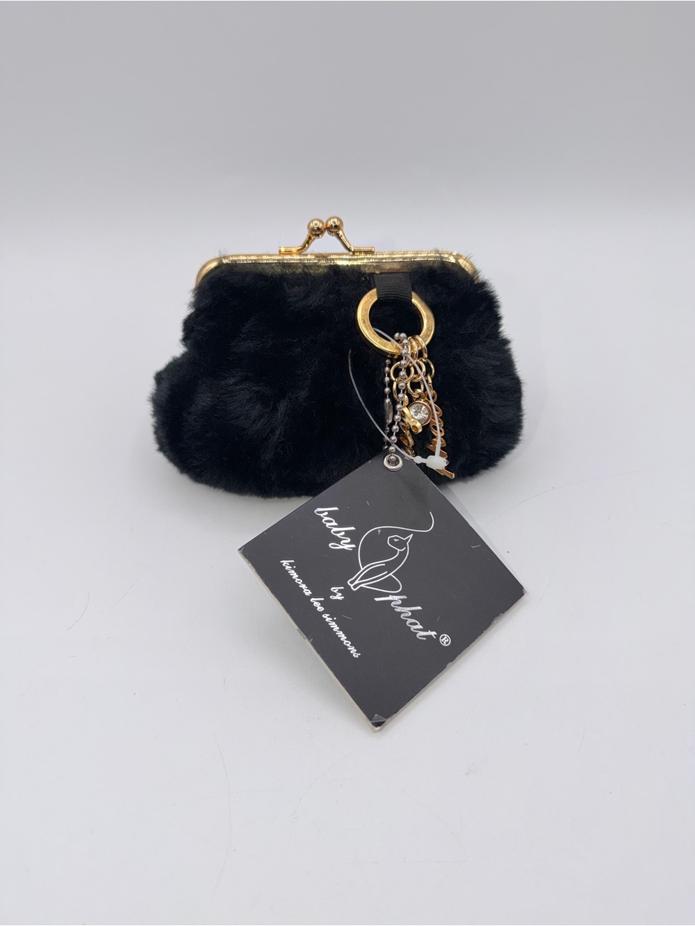 Baby Phat Black Faux Fur Kiss-Lock Coin Purse with Gold Charm Ring